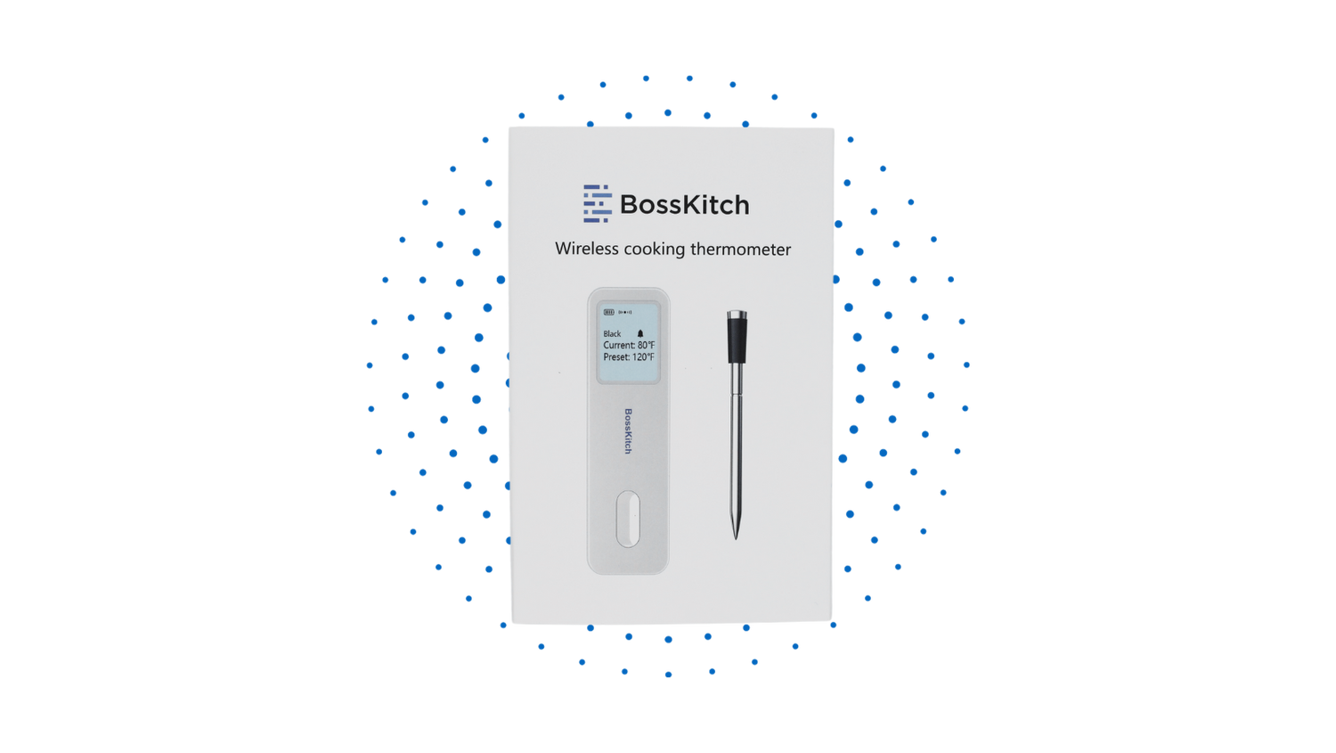 Outside packaging of the BossKitch wireless cooking thermometer