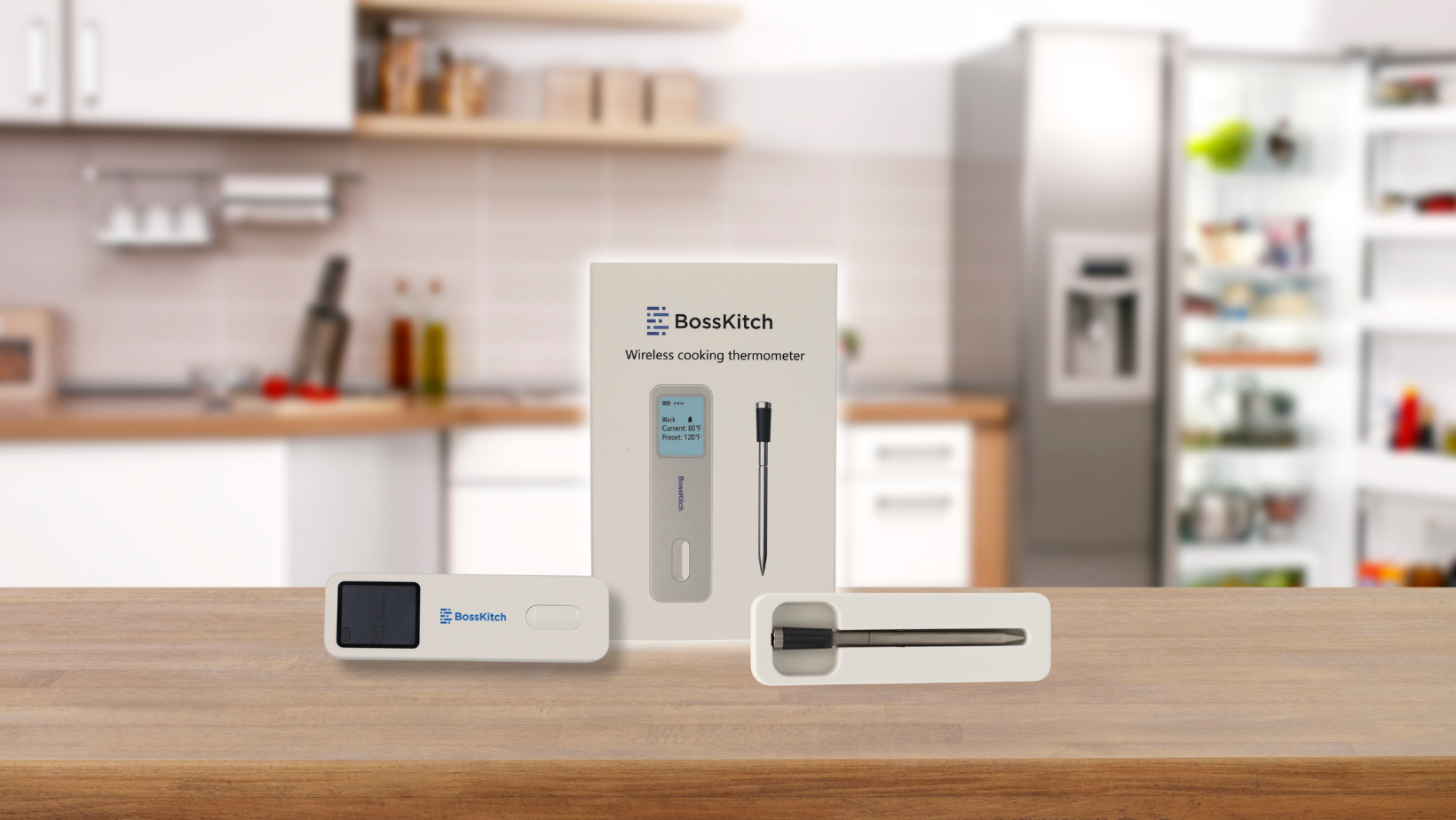 Complete BossKitch packaging for wireless cooking thermometer on an urban kitchen counter